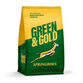 Terbodore Green & Gold coffee beans 250g bag plunge grind medium dark roast Springboks official blend Ugandan Brazilian origins freshly roasted South Africa