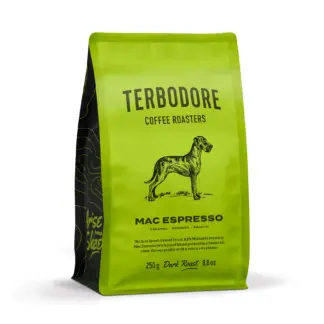 Terbodore Mac Espresso dark roast coffee blend 250g bag caramel subtle sweetness balanced profile freshly roasted South Africa