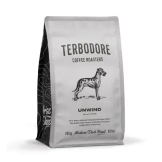 Terbodore Unwind Decaf coffee 250g bag plunge grind medium dark roast currant notes bright acidity high altitude decaf freshly roasted South Africa