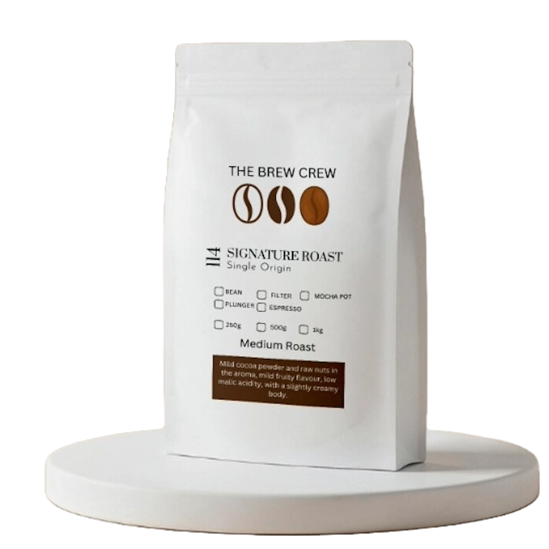 Collection of freshly roasted coffee beans packages, medium to dark roasts for every taste The Brew Crew Signature Roast – premium single origin Brazilian coffee, medium roast, 250g bag